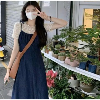 Set 2 Món Áo Ren Tay Ngắn Phối Yếm Jean Hai Dây Thắt Nơ Dáng Dài Xẻ Tà Sang Chảnh