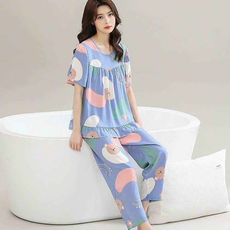 BD1-2xl(40-75kg) Bộ nữ mặc nhà, bộ ngủ nữ  áo cộc quần dài vải lanh.