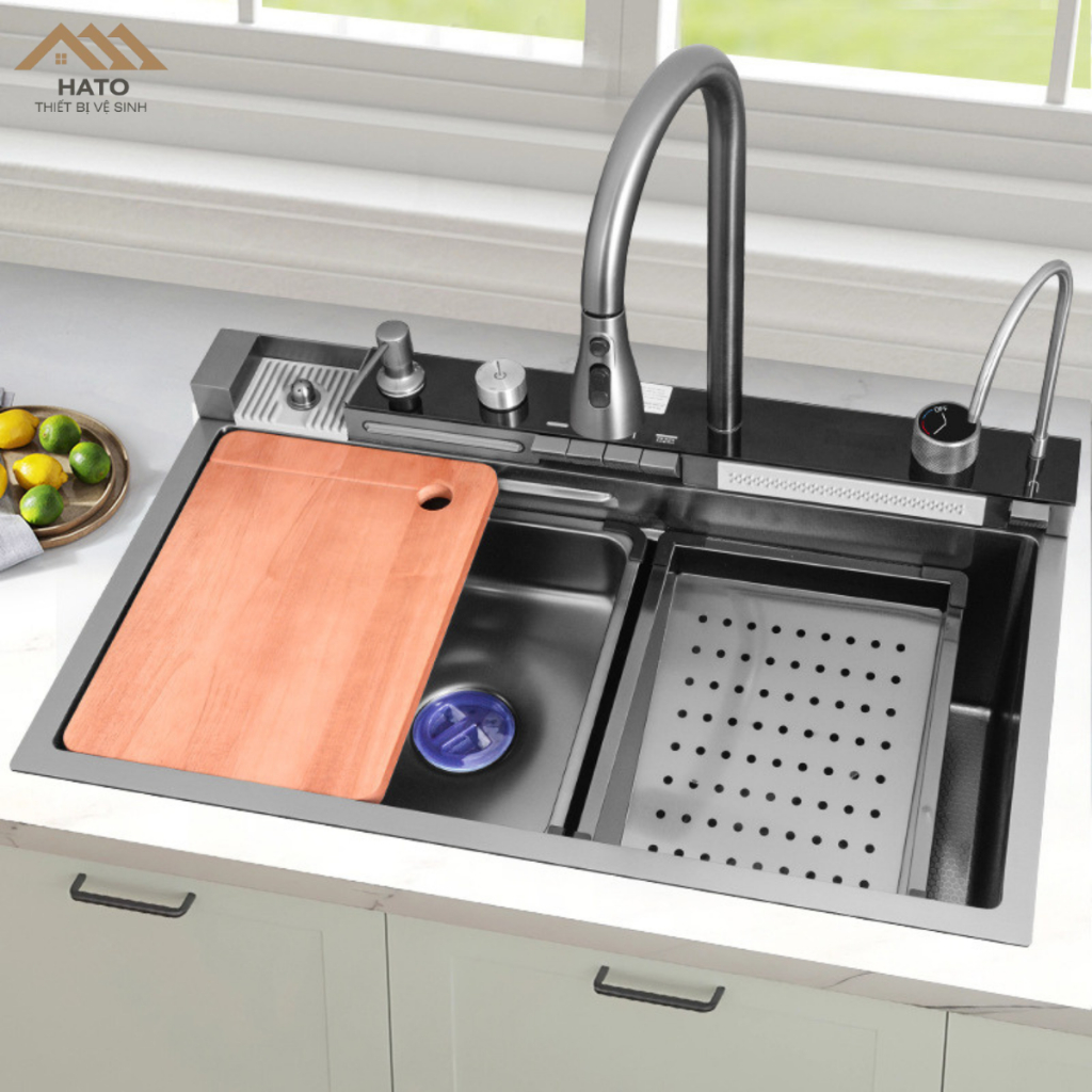  Chậu Rửa Bát 1 Hố Cao Cấp Hato Hiển Thị Nhiệt Độ,Bồn Rửa chén 1 Ngăn Lớn Kèm Vòi Lọc Nước Thác Nước Vòi Xịt 