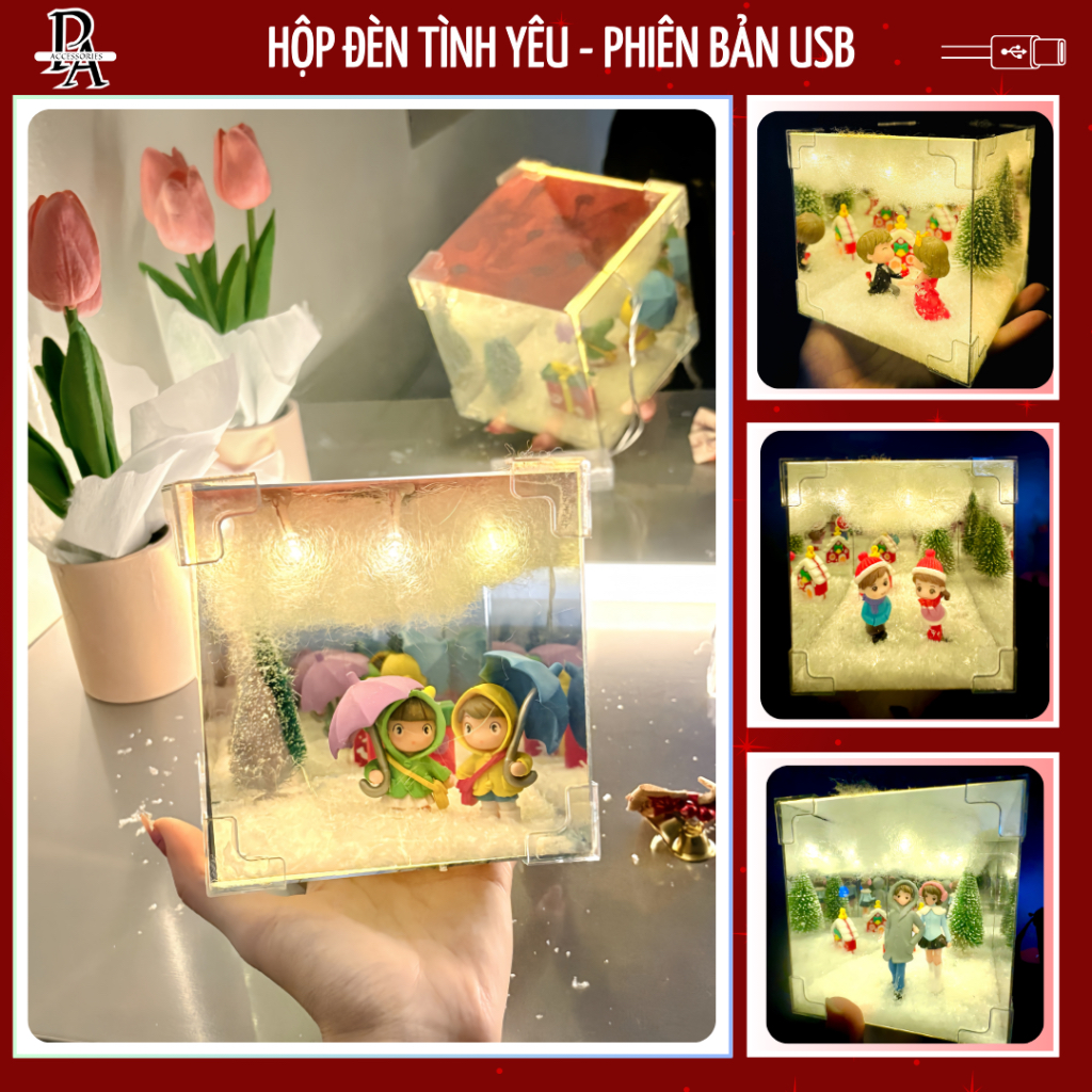 [💗QUÀ TẶNG NOEL💗] Hộp Đèn Tình Yêu tráng gương 12cm, Quà Tặng Người Yêu 8/3, Đèn Ngủ Cặp Đôi Siêu Cute Dễ Thương