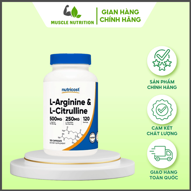 Nutricost L-Arginine L-Citrulline 120 Viên | Viên Uống Hỗ Trợ Tăng Sức Mạnh, Sức Bền, Pump Phồng Cơ,
