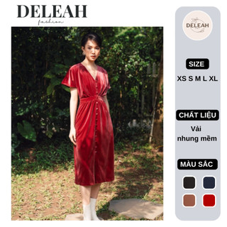 De Leah - Đầm Nhung Xếp Li Cúc Trước - Thời Trang Thiết Kế