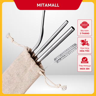 Combo ống hút inox 304 MITAMALL, ống hút thẳng, ống hút cong, ống hút trà sữa, cọ rửa và túi đựng