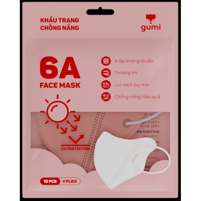 Khẩu trang 6A chống nắng Gumi mask 4 lớp kháng khuẩn lọc bụi kiểu dáng thời trang [hộp 100c]