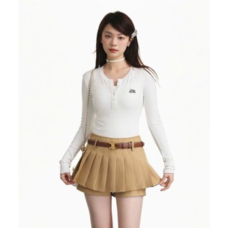 Áo thun dài tay Desu Dessuu cổ tròn cài nút dáng ôm body dành cho nữ