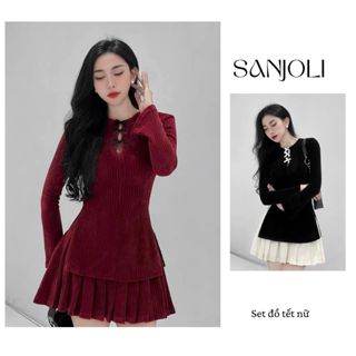 Set Váy Ngắn Dáng Xòe Áo Len Tay Dài Sanjoli Set Đồ Tết nữ áo tay dài và chân váy CV013 + AO018