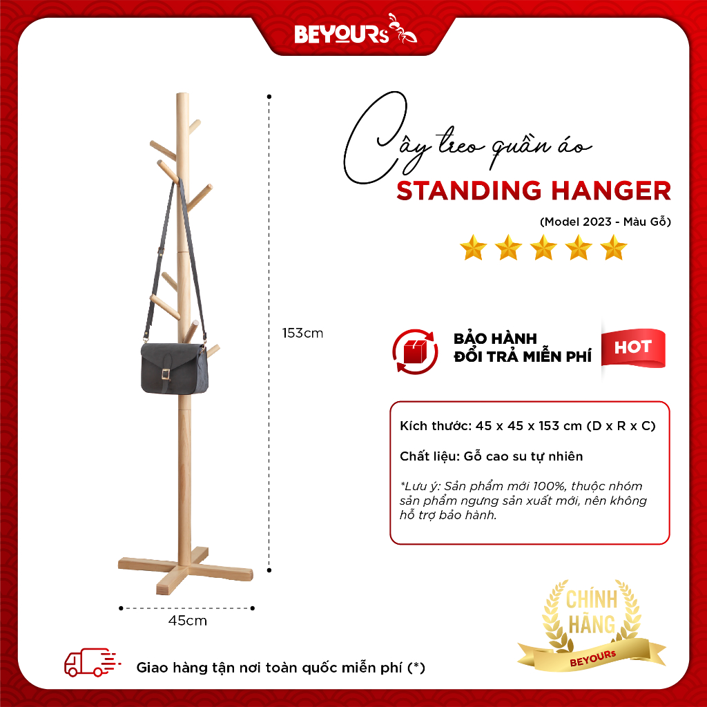 Cây treo quần áo BEYOURs Standing, gỗ cao su nhập khẩu, chịu lực tốt, treo nhiều đồ, hàng chính hãng