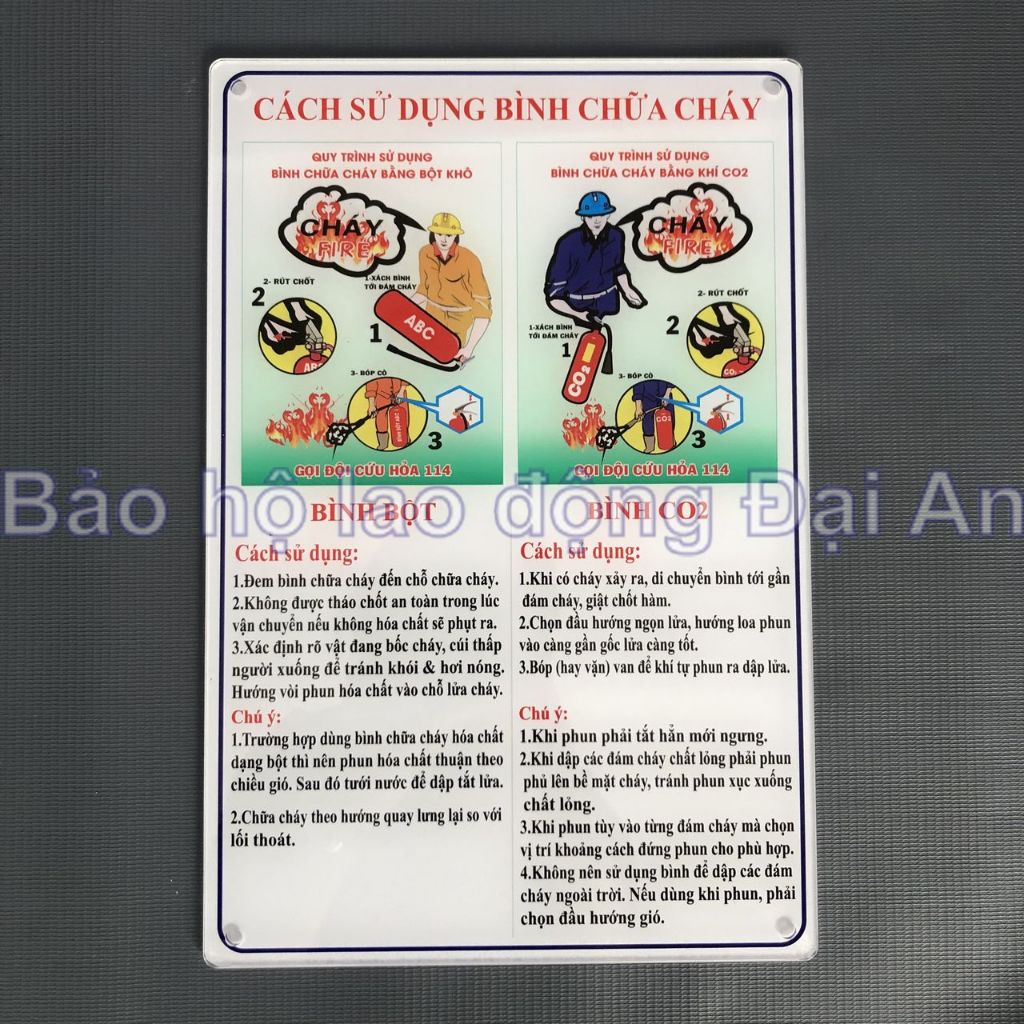Biển báo hướng dẫn cách sử dụng bình chữa cháy dạng bột và khí KT20x30cm