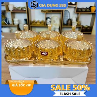  Combo 6 Hũ Thuỷ Tinh Pha Lê Kèm Khay Thuỷ Tinh Cao Cấp Đựng Mứt Tết Sang Trọng 