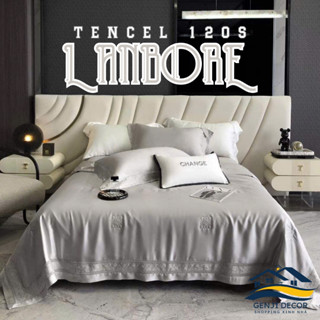Bộ chăn ga gối lụa Tencel 120s Lanbore Genji Decor màu xám đầy đủ kích thước đệm