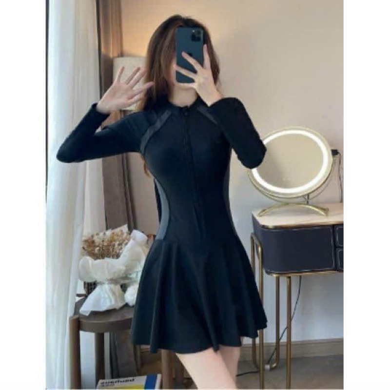 (Có size M,L,XL) BiKiNi đồ bơi đi biển một mảnh dây kéo đen phối xám tay ngắn tay dài , gorm váy có quần bảo hộ THESI | BigBuy360 - bigbuy360.vn