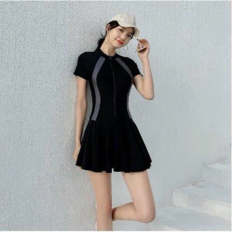 (Có size M,L,XL) BiKiNi đồ bơi đi biển một mảnh dây kéo đen phối xám tay ngắn tay dài , gorm váy có quần bảo hộ THESI | BigBuy360 - bigbuy360.vn