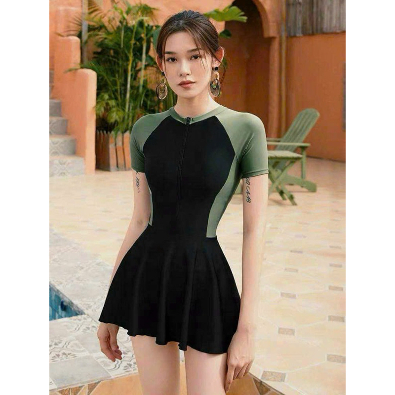 (Có size M,L,XL) BiKiNi đồ bơi đi biển một mảnh dây kéo đen phối xám tay ngắn tay dài , gorm váy có quần bảo hộ THESI | BigBuy360 - bigbuy360.vn