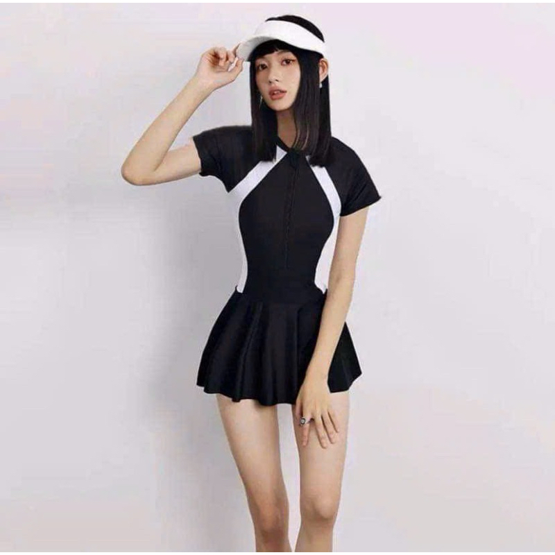 (Có size M,L,XL) BiKiNi đồ bơi đi biển một mảnh dây kéo đen phối xám tay ngắn tay dài , gorm váy có quần bảo hộ THESI | BigBuy360 - bigbuy360.vn