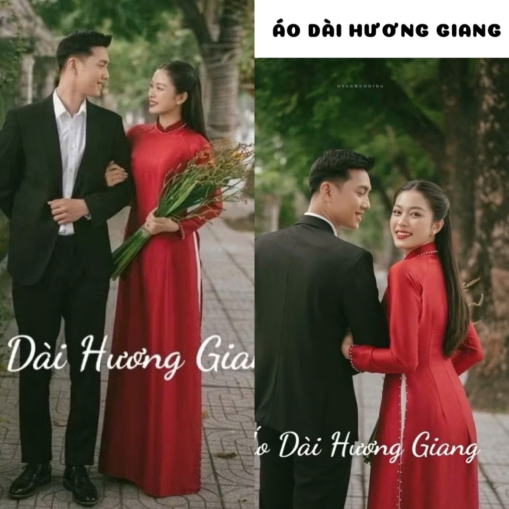 Z79 - Áo dài màu đỏ tươi lụa vân gỗ đính ngọc full tà,mềm mịn, co dãn nhẹ,bay tà - Áo Dài Hương Gian