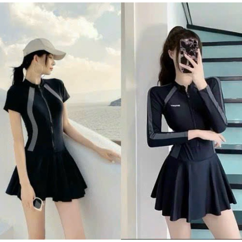(Có size M,L,XL) BiKiNi đồ bơi đi biển một mảnh dây kéo đen phối xám tay ngắn tay dài , gorm váy có quần bảo hộ THESI | BigBuy360 - bigbuy360.vn