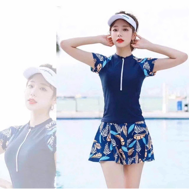 Bikini 2 mảnh đi biển váy xinh duyên dáng quần short trong xanh đen phối bông sẵn mút ngực | BigBuy360 - bigbuy360.vn
