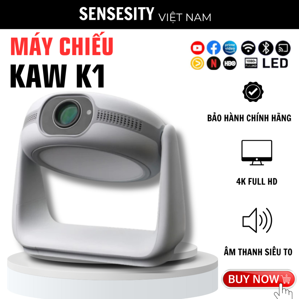 Máy chiếu mini tích hợp pin KAW BETTERY K1  Độ sáng cao, độ phân giải FHD, Xoay 260 độ