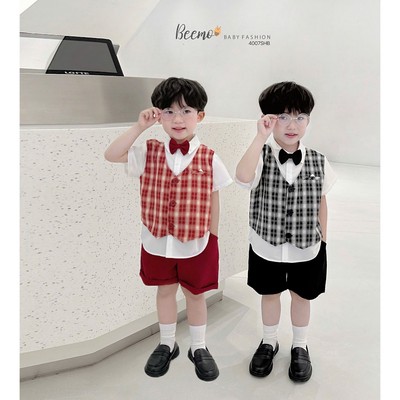 Set vest kẻ Beemo sơ mi kẻ liền thân kèm nơ vải thô mặc đi học, đi chơi, sự kiện cho bé từ 9-24kg 5026SHB