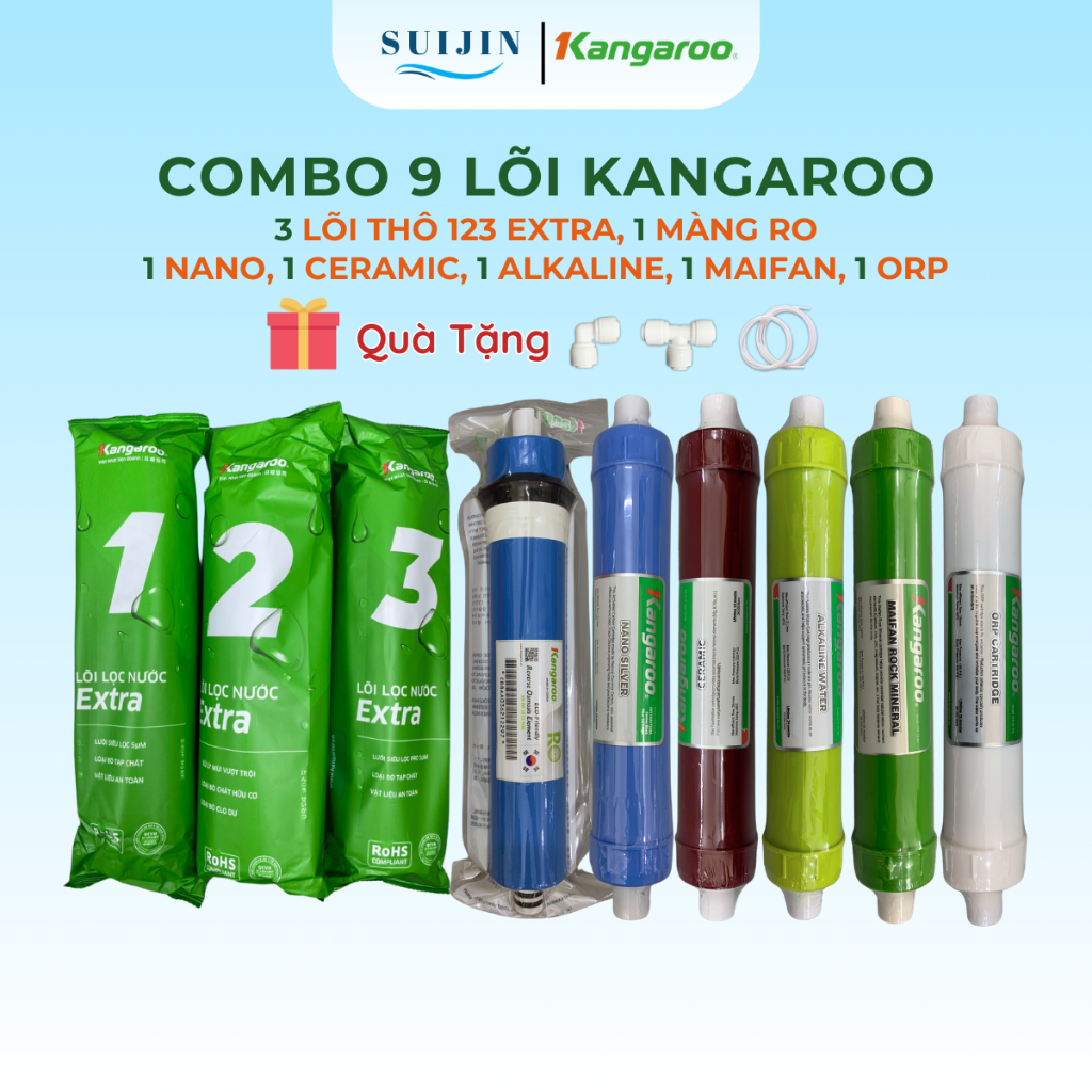 Combo 9 Lõi Lọc Kangaroo Gồm 123 Extra + Màng RO50GPD + Nano Ceramic Alkaline Maifan ORP Cho Model K