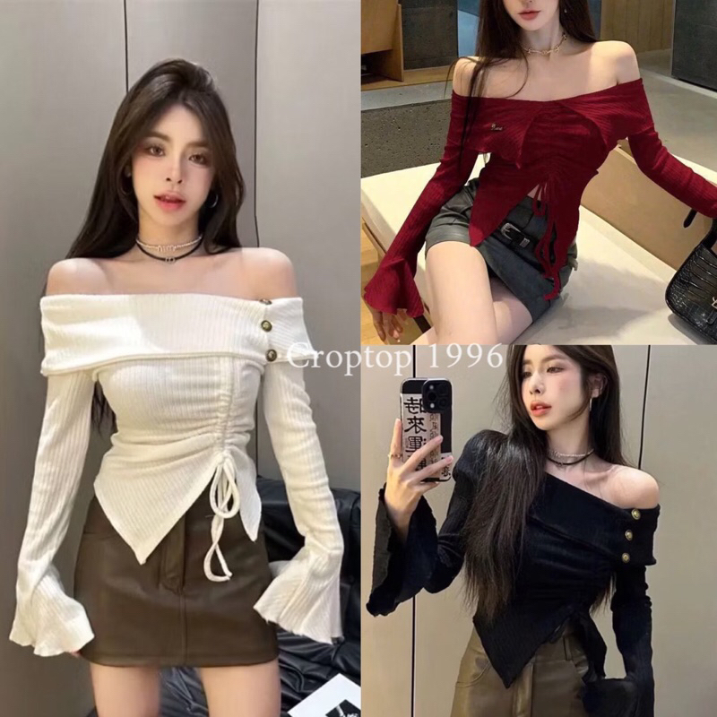 Áo kiểu tay loe bẹt vai Len Gân dày ấm đính cúc sang chảnh A346 | BigBuy360 - bigbuy360.vn