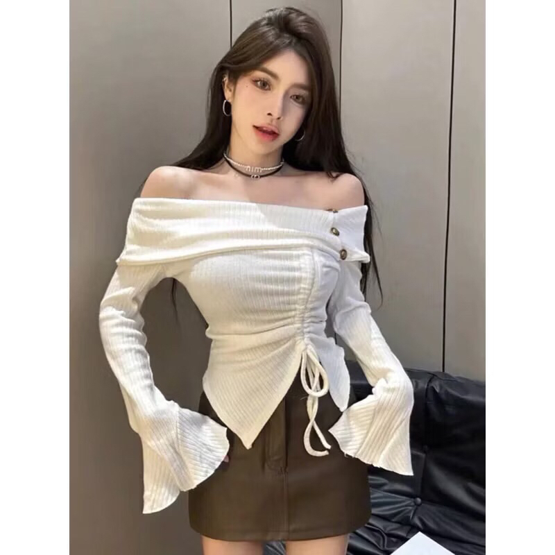 Áo kiểu tay loe bẹt vai Len Gân dày ấm đính cúc sang chảnh A346 | BigBuy360 - bigbuy360.vn