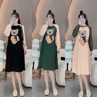 Váy suông nữ dài tay form rộng in gấu phối tay, đầm suông dài tay bo xinh xắn