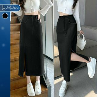 Chân váy 2025 chân váy jean dài chữ a váy bò đen dài cạp cao xẻ tà tua rua hàn quốc Jelly V001