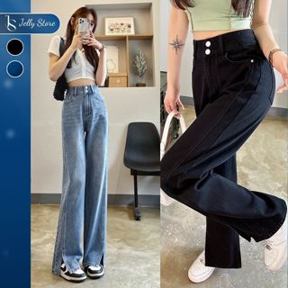 Quần Jean Dài Lưng Cao Ống Rộng Xẻ Gấu The Jelly D4
