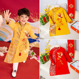  Áo dài nam cách tân bé trai vải lụa hoạ tiết hạc cao cấp mặc tết 2025 size từ 2 đến 10 tuổi màu Đỏ Vàng 