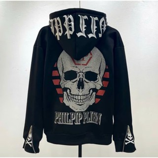 Áo Khoác Hoodie Philipp Plein Khóa Zip Kim Tuyến Hình Đầu Lâu qp Màu Đỏ. Áo Hoodie Philipp Plein qp Nam Nữ.