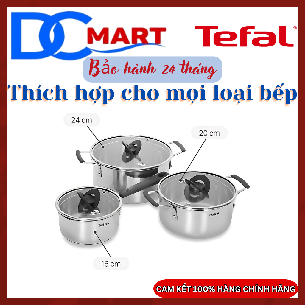 TEFAL - Bộ nồi quánh inox nắp kính Tefal Optispace G7376S44 - Hàng chính hãng, bảo hành 24 tháng