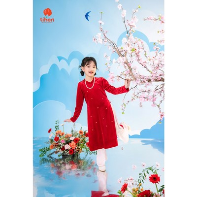 Áo dài tết bé gái TIHON chất liệu nhung the phối quần lụa mềm mại phong cách truyền thống SET0760216