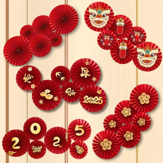 Set 6 quạt giấy đỏ cao cấp trang trí đám cưới, lễ hội, tết cổ truyền năm mới, quạt giấy treo tường