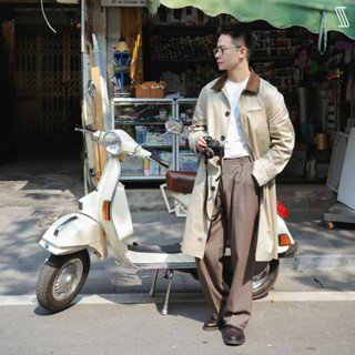 Áo khoác măng tô nam SSSTUTTER kaki cổ phối nhung kèm đai cài nút nẹp ẩn HOLIDAY COAT