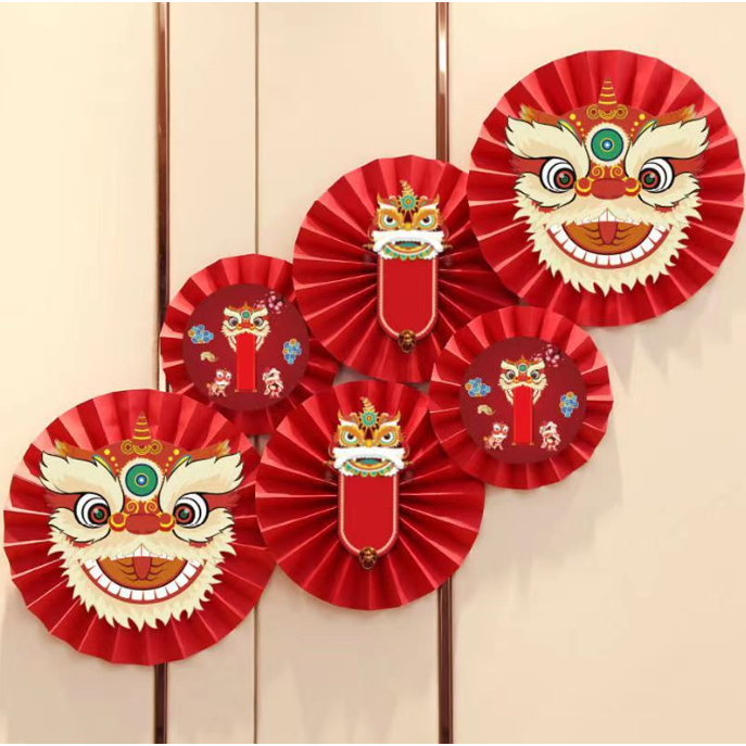 Set quạt trang trí tết Set quạt đầu lân Q22