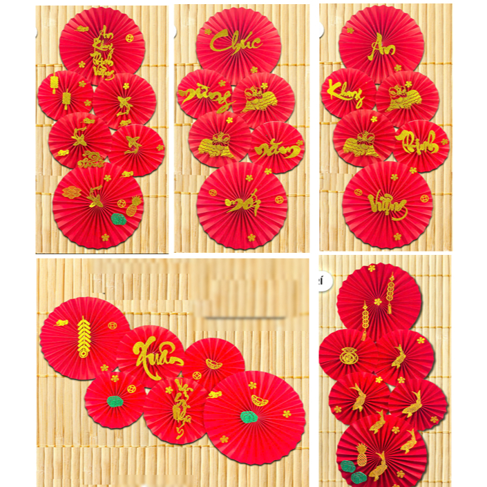 Set quạt trang trí tết chữ Việt mừng xuân