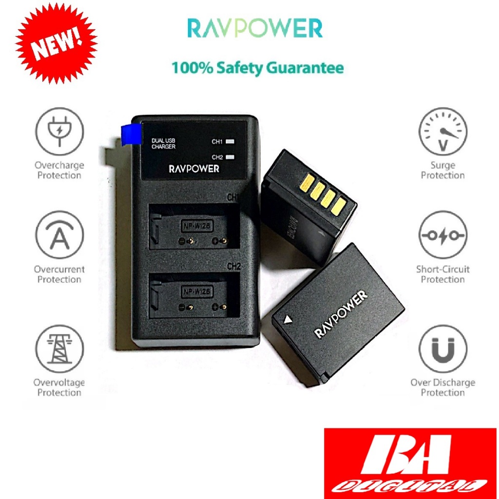 Bộ 2 pin+1 sạc Fujifilm NP-W126S Ravpower dùng cho máy ảnh Fujifilm FinePix, X-A5, X-H1, X-A10, X100