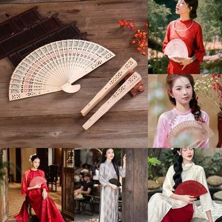 Quạt gỗ cổ trang chụp ảnh mặc áo dài Tết 2025 quạt xoè in hoa hướng dương phụ kiện cổ phục chụp hình phong cách cổ xưa
