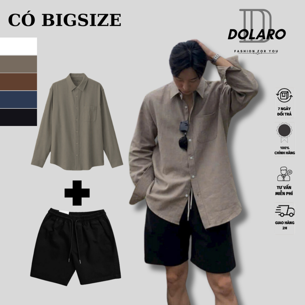 Combo Áo Sơ Mi Nam BigSize Dài Tay DOLARO Chất Linen Cao Cấp Kèm Quần Short Kaki Đen, Phong Cách Hàn Quốc Thoải mái | BigBuy360 - bigbuy360.vn