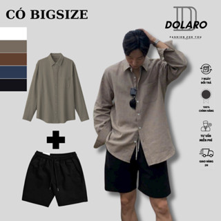 Combo Áo Sơ Mi Nam BigSize Dài Tay DOLARO Chất Linen Cao Cấp Kèm Quần Đùi Kaki Đen, Phong Cách Hàn Quốc Thoải mái