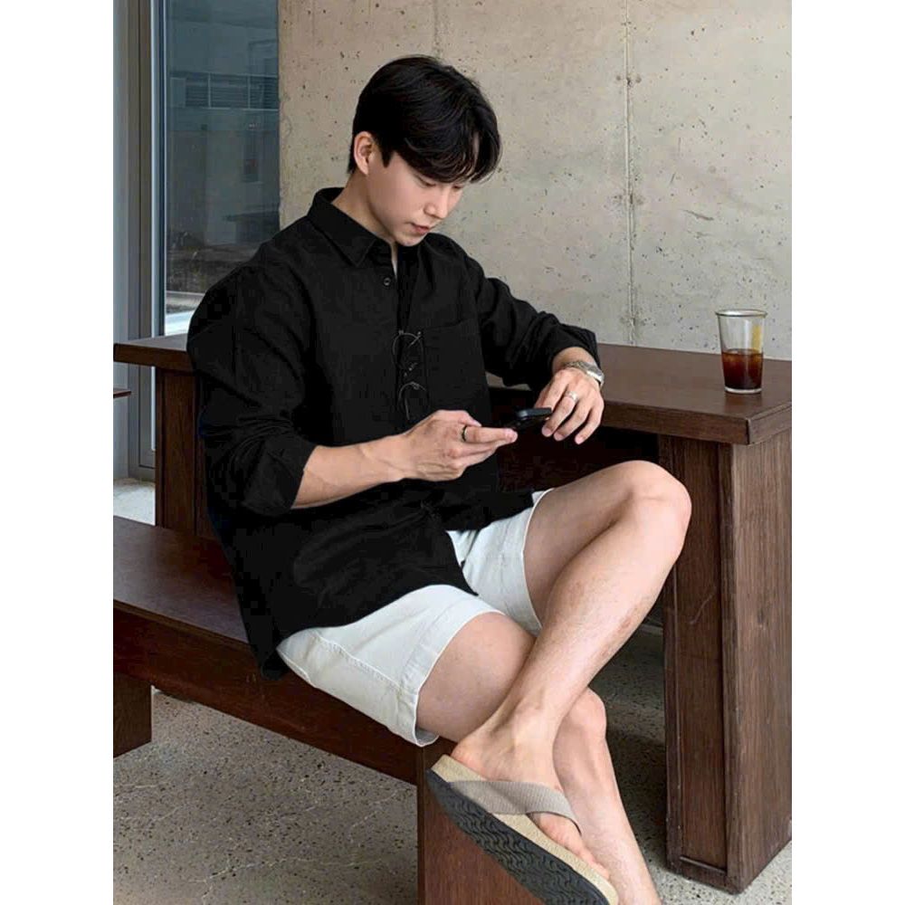 Combo Áo Sơ Mi Nam BigSize Dài Tay DOLARO Chất Linen Cao Cấp Kèm Quần Short Kaki Đen, Phong Cách Hàn Quốc Thoải mái | BigBuy360 - bigbuy360.vn