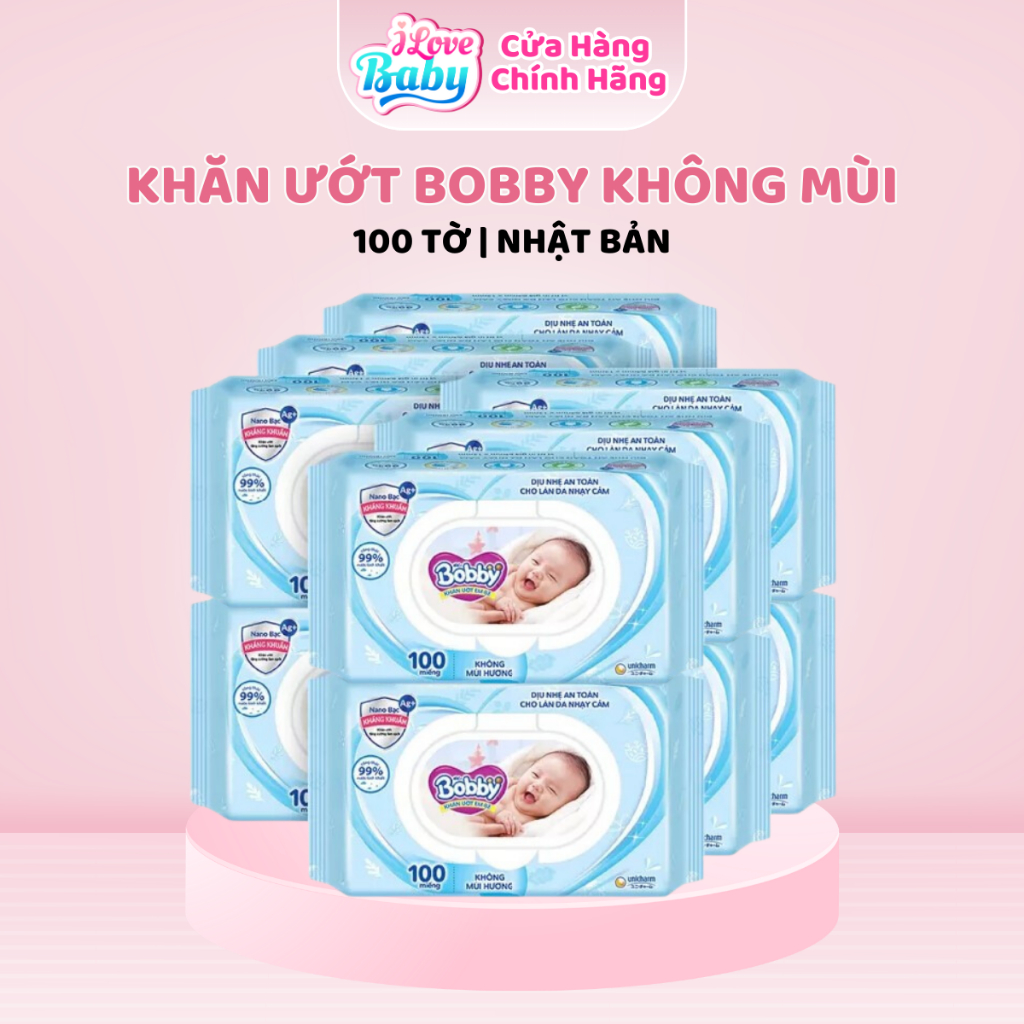 (Date T11/2026) Combo Khăn Ướt Bobby 100 Miếng Không Mùi.