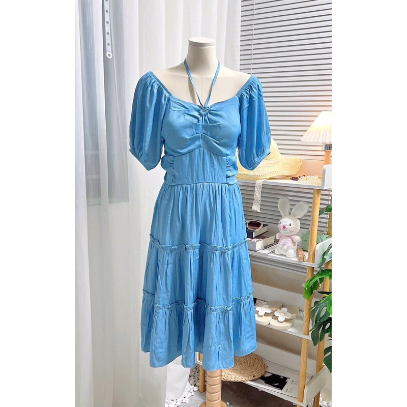 H46 Đầm denim cổ thắt dây, tay bo, lưng chun form dài và form ngắn