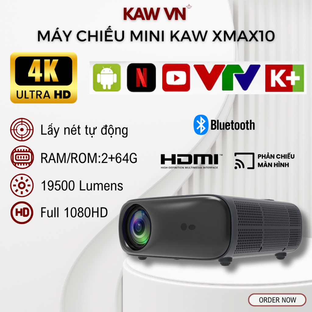 Máy Chiếu Mini KAW XMAX10 Kích Thước Chiếu Tối Đa 290", Độ Phân Giải 4K Sắc Nét, Độ Sáng Cao Bảo Hành 12 Tháng