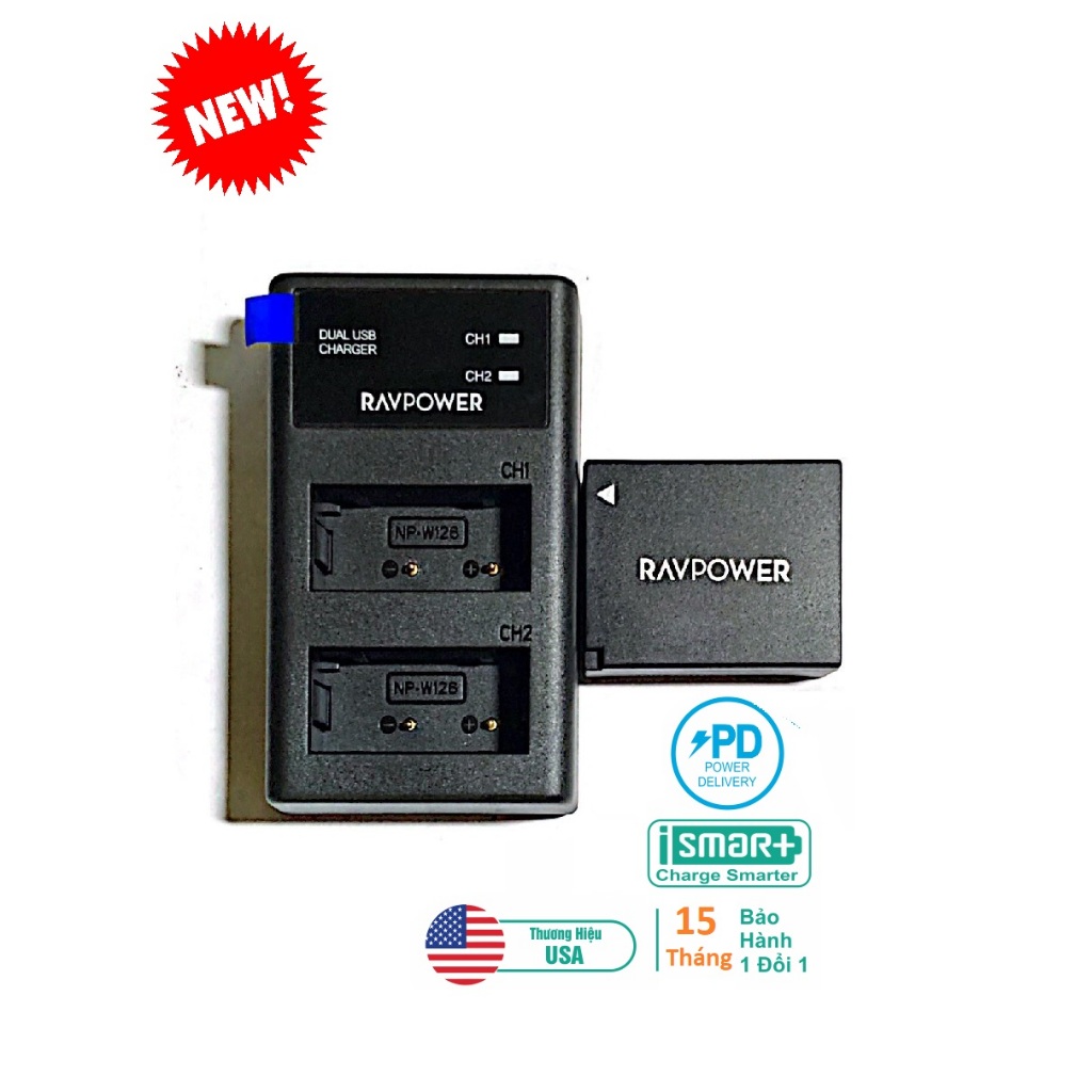 PIN + SẠC ĐÔI Fujifilm NP-W126S Ravpower dùng cho máy ảnh Fujifilm FinePix, X-A5, X-H1, X-A10, X100F