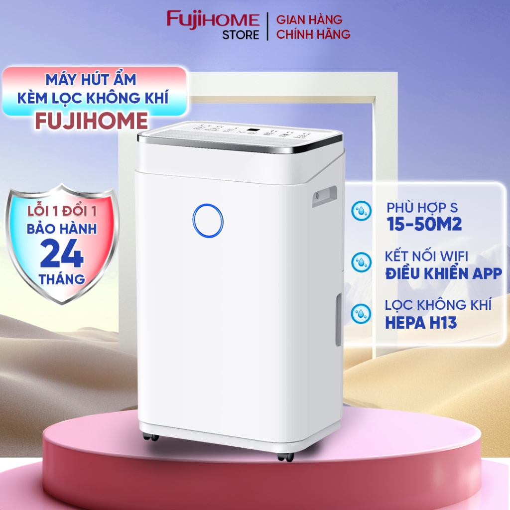 Máy hút ẩm lọc không khí 20L/ngày FUJIHOME kết nối WIFI phòng 40m2 nhập khẩu, máy hút ẩm công nghệ máy nén Block cao cấp
