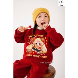  Bộ nỉ 2 da màu đỏ cho bé gái in hình Labubu Noel Christmas 2025 hàng cao cấp ELAINE | ELN192 