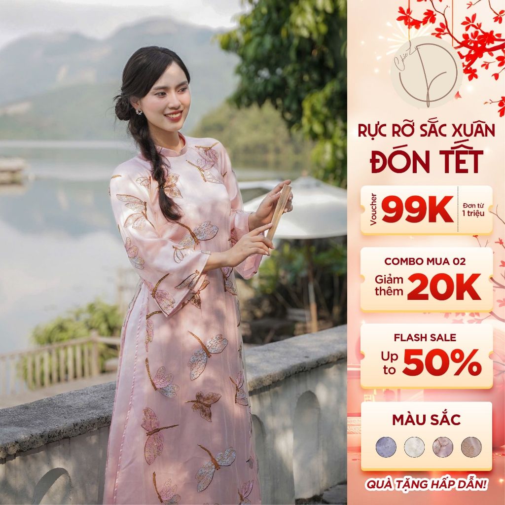 Áo Dài Đinh Thư Ren Dệt Hoa Nổi Tay Lỡ Cách Tân Có Cổ ChicLy Design - AD838