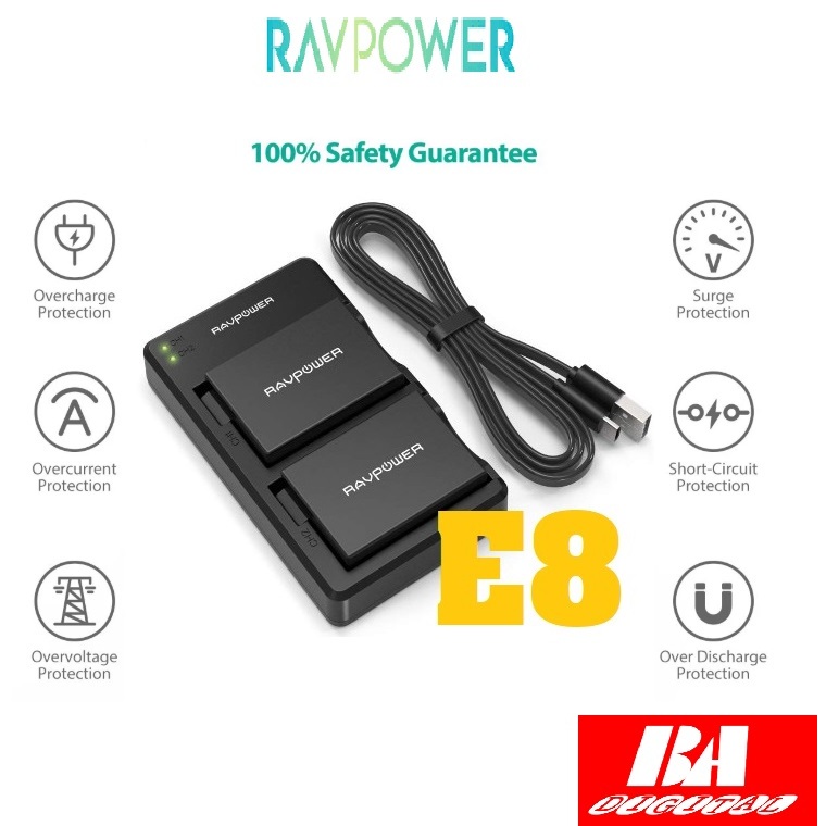 Bộ 2 Pin + 1 Sạc Canon LP-E8 RAVPOWER 1100mAh cho thân máy Canon 700D, 600D, 650D, 550D